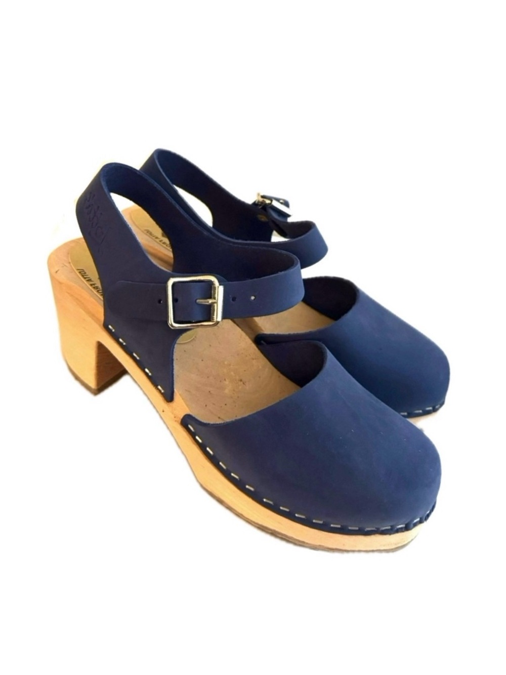 Lotta's Swedish Handmade Leather and Wood Mary Jane Style Clogs; Lazuli Blue